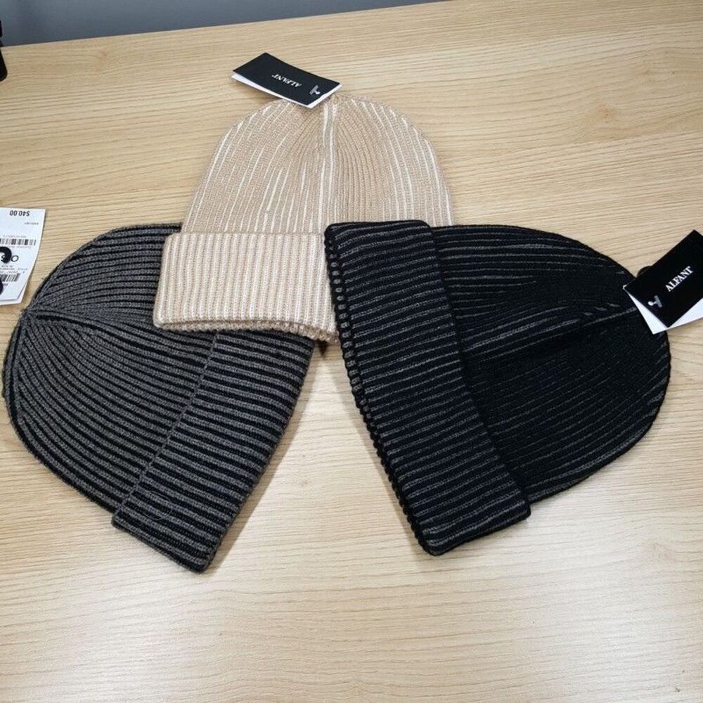 ALFANI 3-PACK Mens Beanie Hat Tan Black Gray Ribbed Fold Over Cuffed Stretch